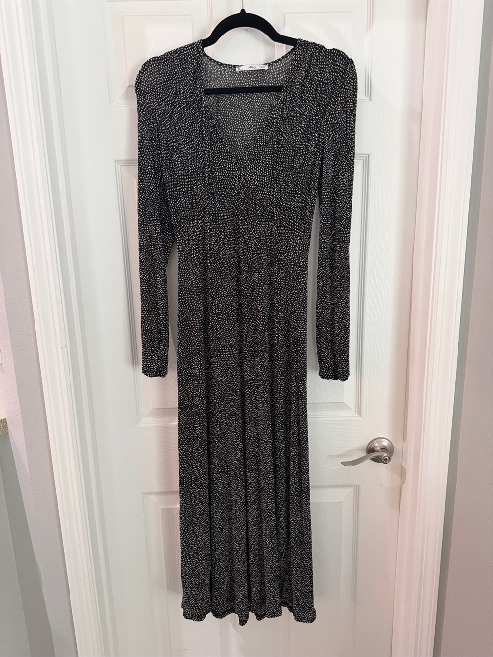 Mango Black Speckled V-Neck Long Sleeve Maxi Dress